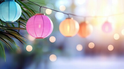 A string of colorful paper lanterns, including blue, pink, and orange, hangs outdoors, illuminated by soft bokeh lights.