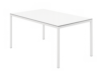 Modern white rectangular table with thin legs, minimalist design on transparent background