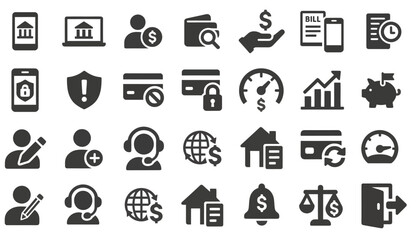 Flat lay of various finance and business icons on a white background