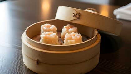 Delicious shrimp shumai dumplings in a bamboo steamer ready to enjoy Asian cuisine at its finest fresh from a restaurant kitchen for a delectable meal