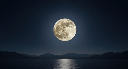 Bright Full Moon Reflection on Water Surface with Dark Mountain Landscape at Night, Moonlit Night Scene, Celestial Photography, Lunar Beauty, Night Sky, Starry Night and Atmospheric Nighttime Landscap
