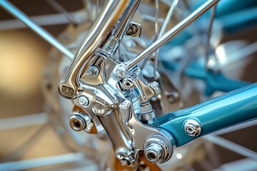 Close-up detailed view of a shiny chrome vintage bicycle front brake caliper and vibrant blue frame