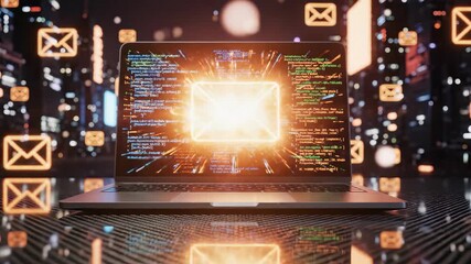Digital laptop displays glowing email symbol against a backdrop of stylized city lights, concept for electronic messaging, data transfer and online communication - Powered by Adobe