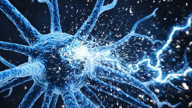 Zika virus entering a neuron, glowing particles spreading like sparks through delicate structures