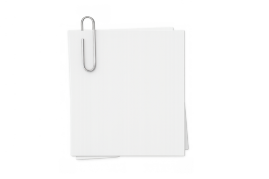 Paper notes and a silver paperclip representing memos, messages, and office stationery against a transparent background