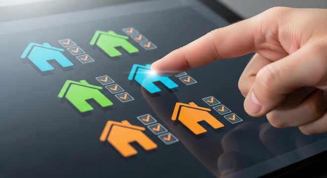 Finger touching digital selection menu with colorful house icons checkmarks on tablet screen, for real estate choice, property comparison, smart home configuration - Powered by Adobe