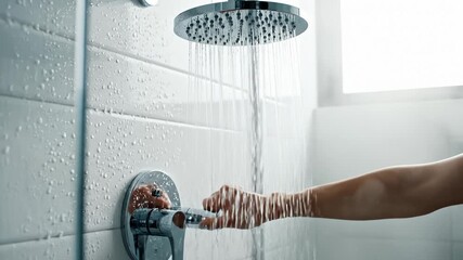Hand Adjusting Shower Faucet With Flowing Water in Clean Bathroom