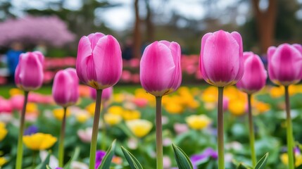 Vibrant pink tulips blooming in a beautiful spring garden with blurred colorful flowers in the background.