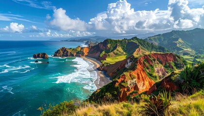 Coastal aerial view showing cliffside, beach, ocean, and rolling green hills
