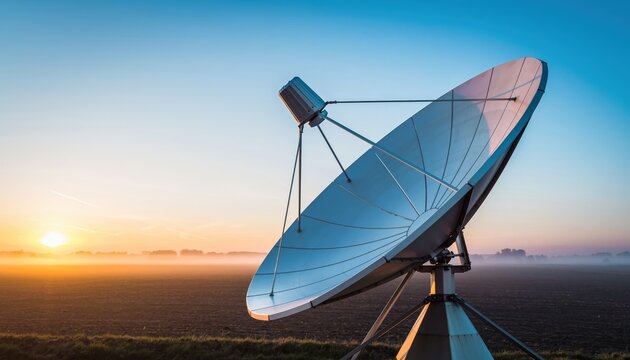 A large parabolic satellite dish points towards the sky in a misty field during a beautiful sunrise