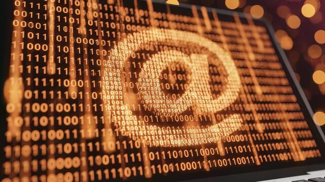 Binary code @ symbol on digital display represents data, security, programming, concept for technology, communication and network, information protection