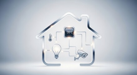 Futuristic smart home outline interface with connected security camera, illuminated light bulb, digital thermostat, for modern automated living connected technology