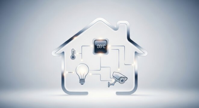 Futuristic smart home outline interface with connected security camera, illuminated light bulb, digital thermostat, for modern automated living connected technology