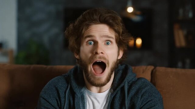 Astonished Expression: A close-up shot of a man's face, displaying an expression of shock and awe. The individual's wide eyes and open mouth convey a sense of surprise and disbelief. 