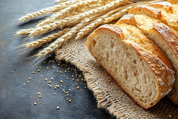 Artisan sliced bread and golden wheat stalks on burlap, embodying fresh baking, nourishment, and tradition.