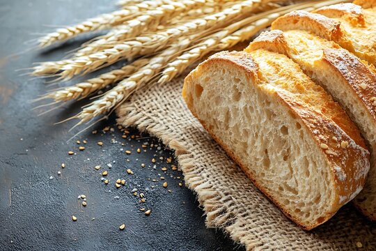 Artisan sliced bread and golden wheat stalks on burlap, embodying fresh baking, nourishment, and tradition.