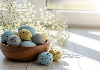 Obraz premium Bright Easter Eggs in Bowl with Window Light. Generative Ai