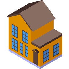 Isometric orange two story house with brown roof and blue windows depicted in pixel art style on a transparent background