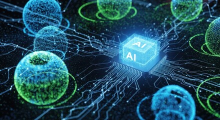 Glowing artificial intelligence chip processing data with interconnected digital spheres complex circuit pathways, for futuristic technology, machine learning, advanced computation