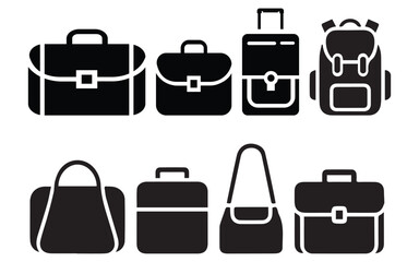 “Black Silhouette Collection of Travelers, Luggage, and Business Essentials – Vector Icon Set”