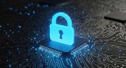 Glowing blue digital padlock icon resting on central processing unit chip atop complex printed circuit board, for data security, network protection, system access control concepts