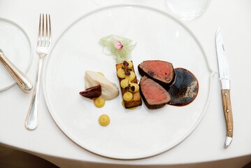 Gourmet Beef Tenderloin Fine Dining Plate with Artisanal Vegetables, Plating Sauce and Elegant Restaurant Presentation — Luxury Culinary Photography