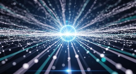 Glowing blue energy sphere center complex digital network interconnected nodes light beams, for big data transfer, artificial intelligence, global connectivity