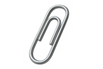 Silver metal paper clip holding documents or papers, office stationery tool creating connection and attachment, transparent background