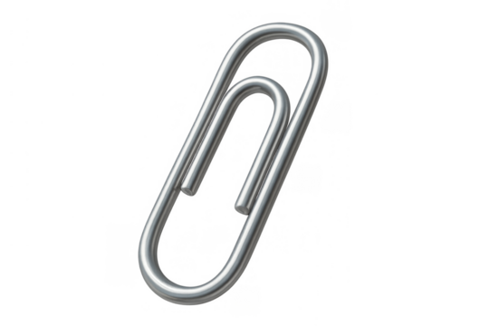 Silver metal paper clip holding documents or papers, office stationery tool creating connection and attachment, transparent background