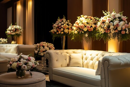 Elegant white tufted sofas and large floral arrangements for a luxurious event lounge area decoration with warm lighting