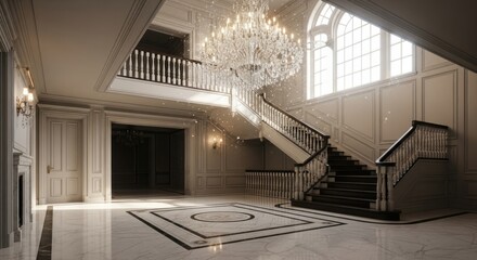 Grand luxury foyer interior with elegant marble staircase, crystal chandelier, tall arched window, for wealth, classic architecture, opulent home design aesthetics
