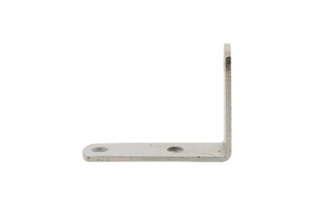 Metal L-bracket with two holes on a white background.