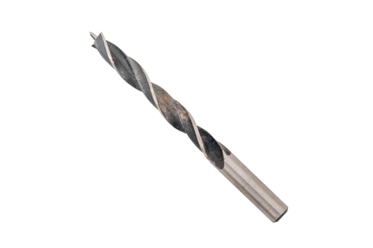 Close-up of a metal drill bit with a spiral groove design.