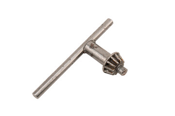 Metal drill chuck key used for tightening and loosening drill bits.