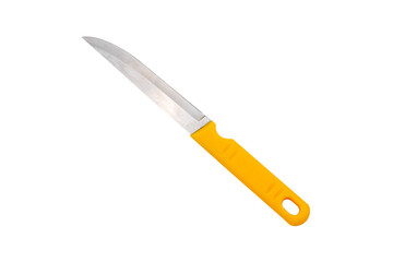 Stainless steel kitchen knife with a yellow plastic handle.