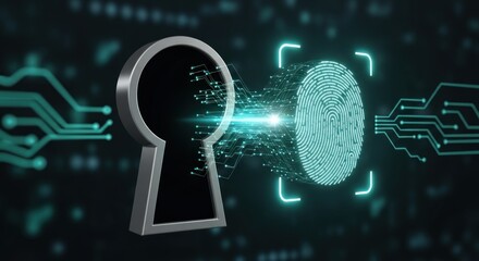 Keyhole access point connecting to glowing digital fingerprint scan via futuristic circuit board pathways, for secure biometric authentication, privacy protection, advanced system entry