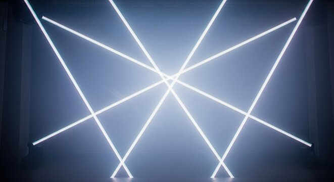 Intersecting bright white neon light beams forming complex geometric star pattern on dark stage background, for future technology, abstract energy flow, modern digital connection - Powered by Adobe