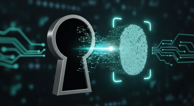 Keyhole access point connecting to glowing digital fingerprint scan via futuristic circuit board pathways, for secure biometric authentication, privacy protection, advanced system entry