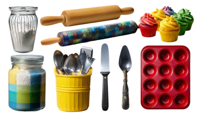 Detailed Illustration of Baking Essentials with Colorful Cupcakes and Tools