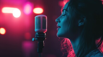 Captivating Female Vocalist Performing Live on Stage in Vibrant Lighting