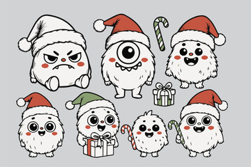 Cute Christmas Monster Characters in Santa Costumes &ndash; Hand-Drawn Vector Set