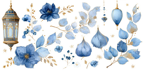 Elegant watercolor collection of blue flowers lanterns and botanical elements for festive designs © DARK TRUST