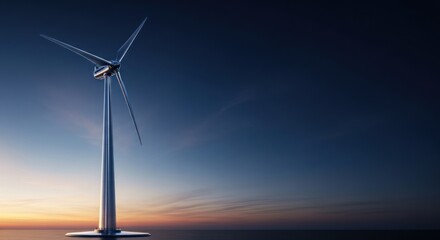 Sleek metallic offshore wind turbine standing tall against dramatic dark blue twilight sky over calm ocean water, for renewable energy future sustainable power generation