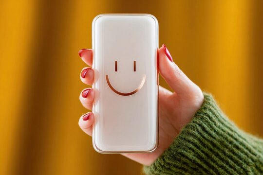 Woman's Hand Holding White Phone Case With Gold Smiley Face Against Yellow Background