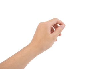 Close-up of a Caucasian male hand performing a pinching gesture.