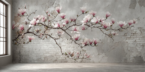 Delicate pink and white magnolia blossoms on a dark branch against a textured brick wall © DARK TRUST