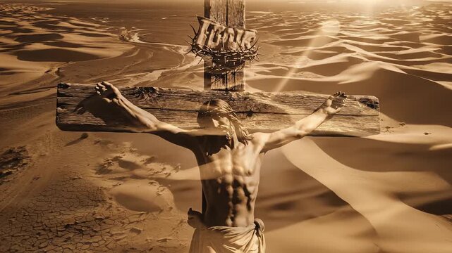 The crucifixion scene in a desert landscape with dramatic lighting. 
