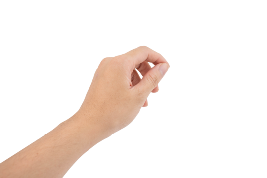 Close-up of a Caucasian male hand performing a pinching gesture.