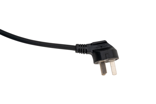 Close-up of a black electrical plug with two prongs on a white background.