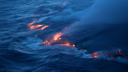 subsurface. Deep blue ocean waves with glowing cracks beneath the surface, hinting at volcanic activity. ESG reports, sustainability campaigns, designed for environmental awareness campaigns.